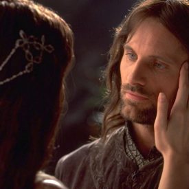 Aragorn (Viggo Mortensen) meets Arwen (Liv Tyler) in Rivendell in The Fellowship of the RIng (Lord of the Rings)