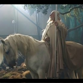 Ian McKellen as Gandalf astride Shadowfax, behind the scenes